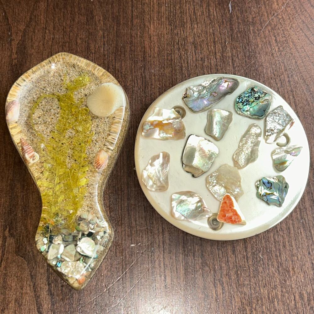 Vintage Lucite Abalone Sea Shell Ivory Trivet Spoon rest Shells USA MCM 5” & 7”